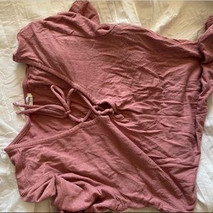 mauve lace up v neck long sleeve